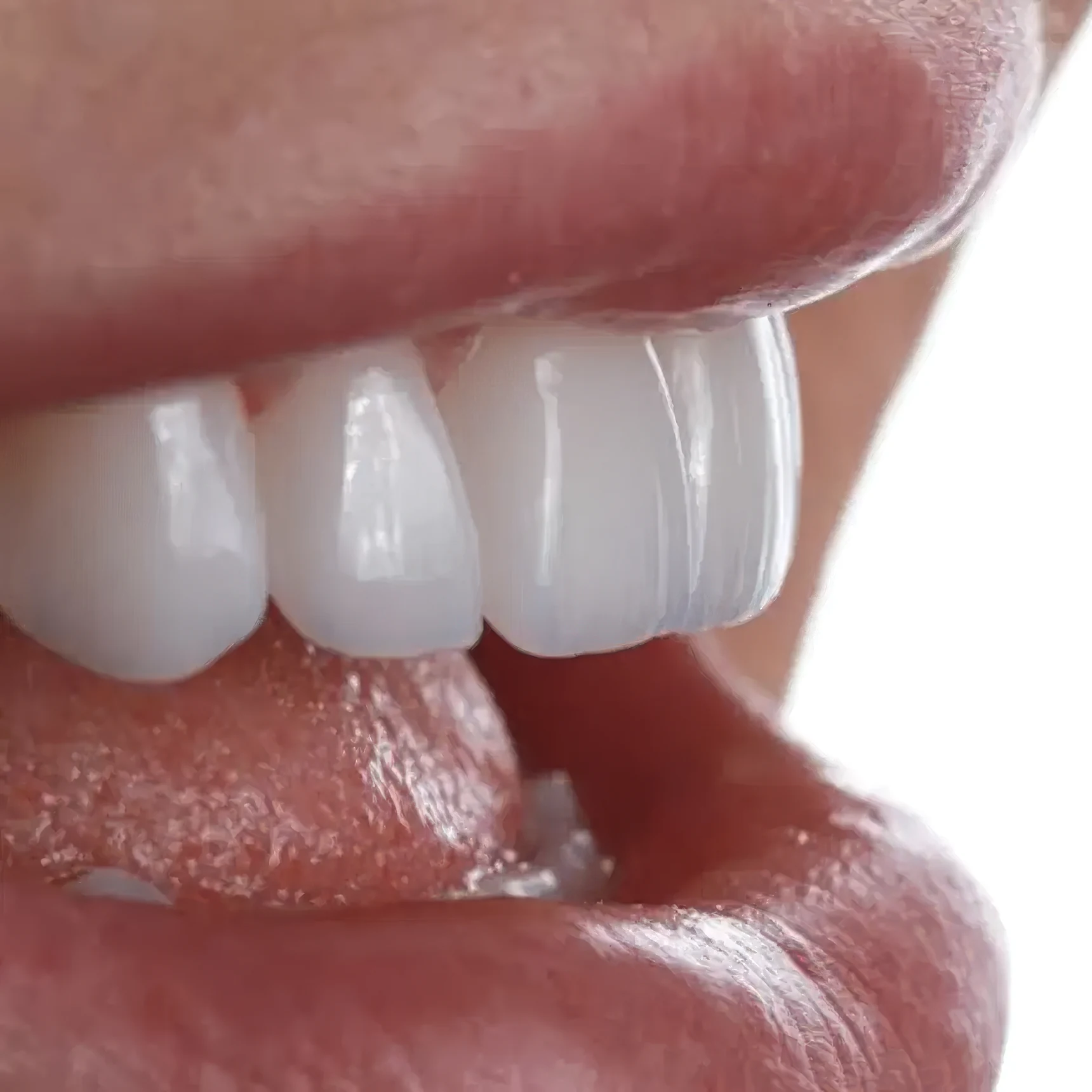 Close lateral de sorriso com lentes de contato dental em porcelana
