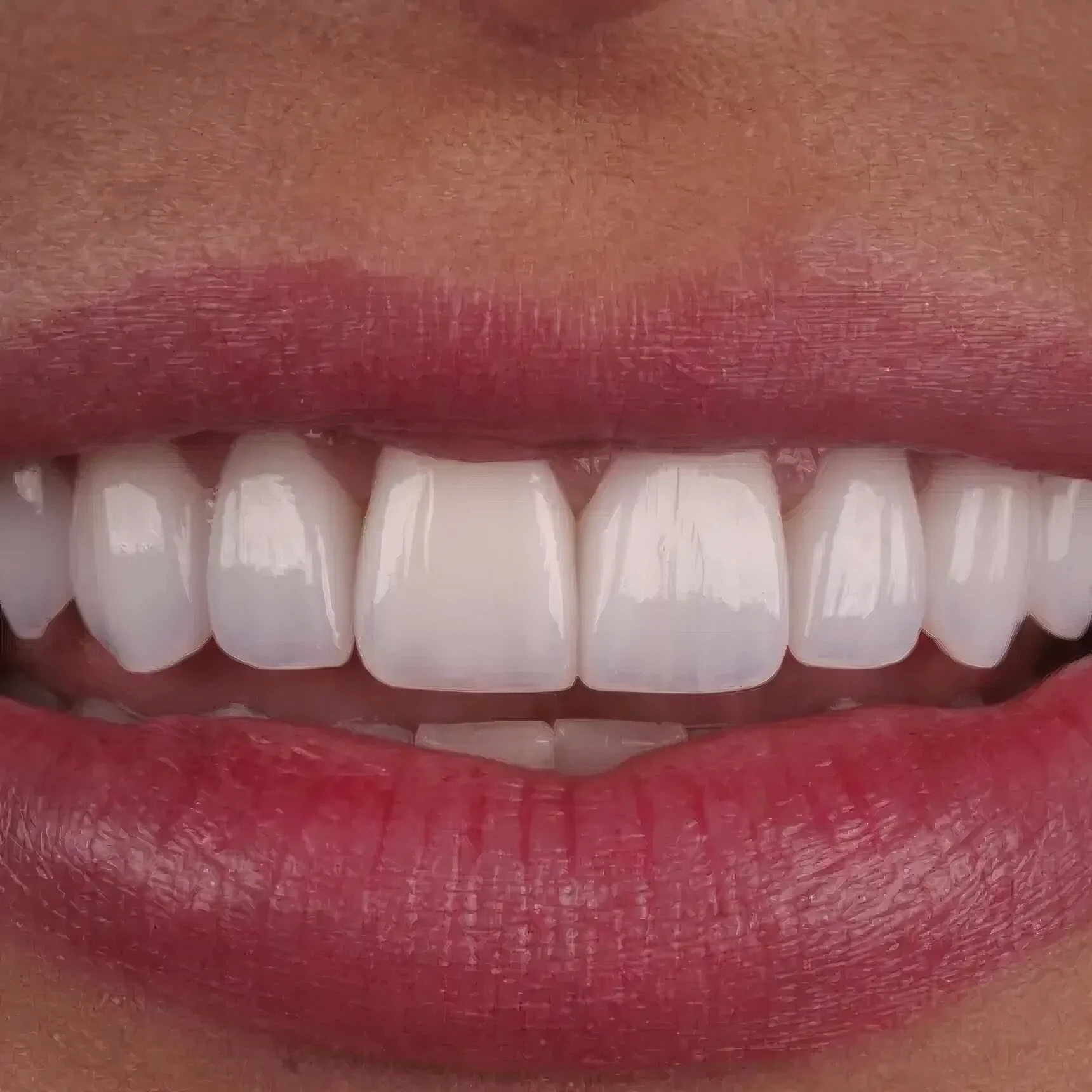 Detalhe de sorriso com gengiva harmônica e lentes de porcelana