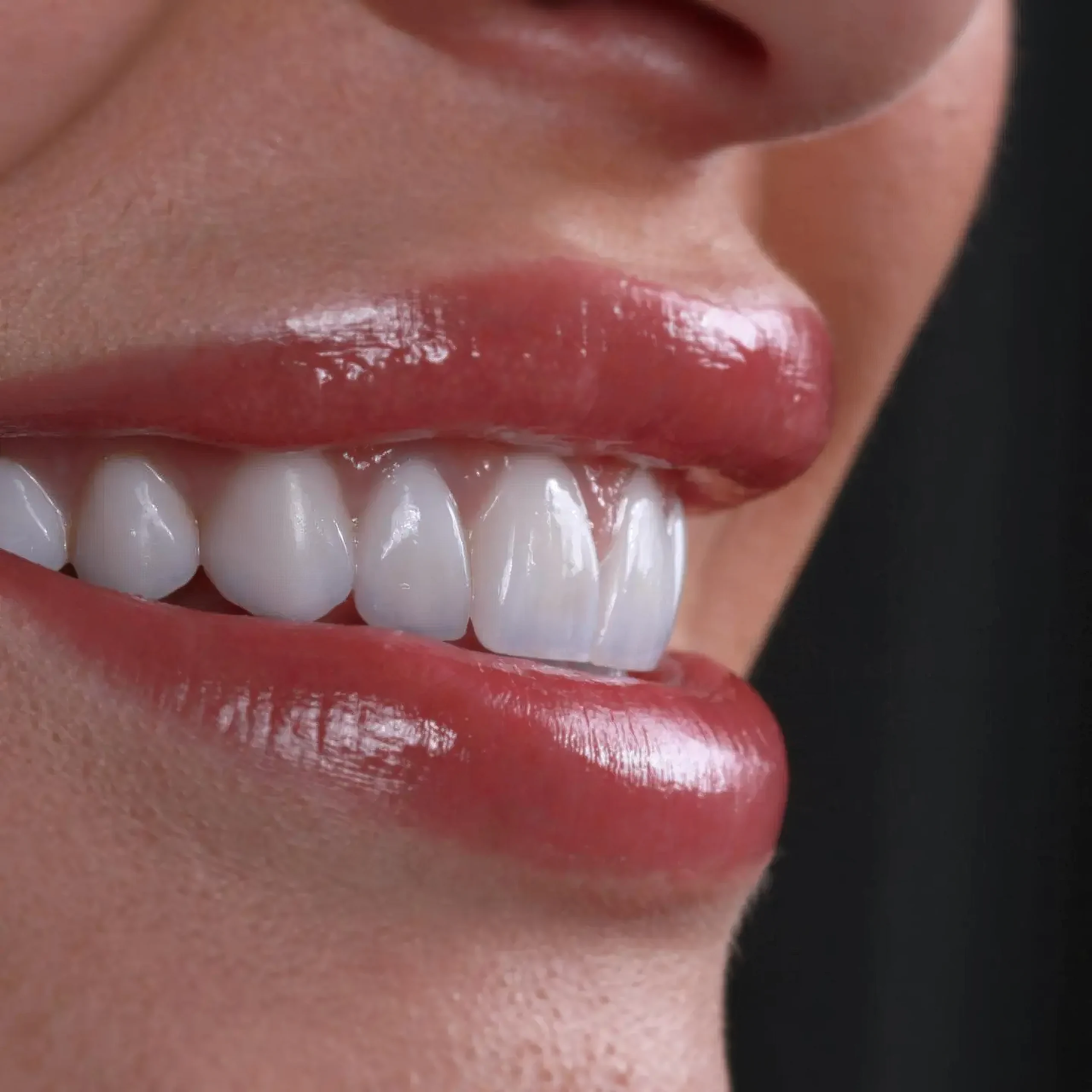Close lateral de sorriso com lentes de contato dental em porcelana
